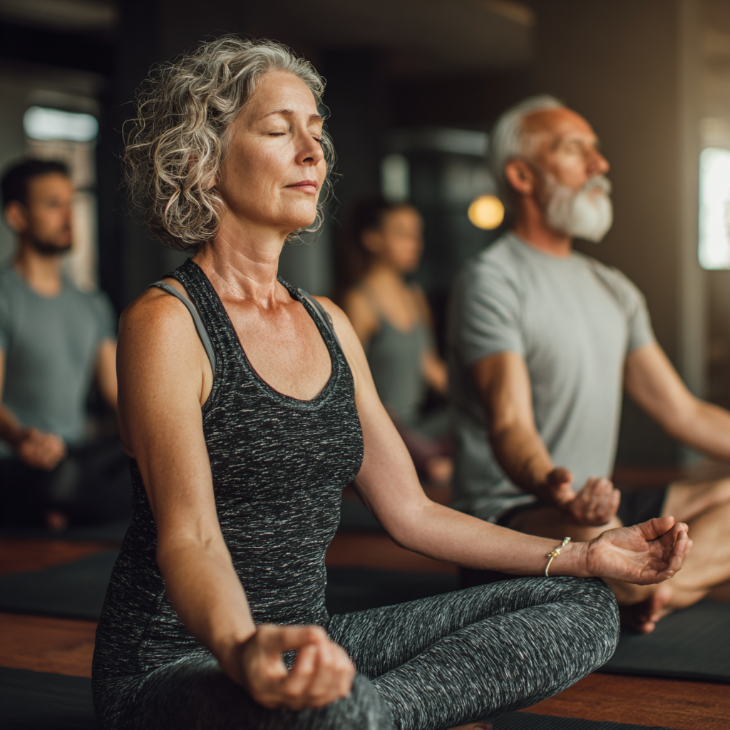 Middle-aged adults practicing gentle yoga poses in natural lighting, focusing on mindful movement and inner peace