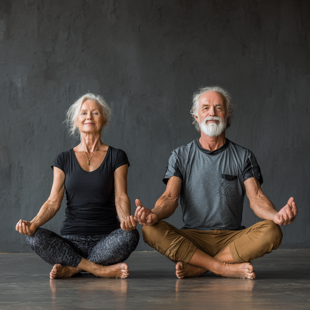 Older adults demonstrating improved flexibility and balance through consistent yoga practice, showing peaceful expressions and confident poses